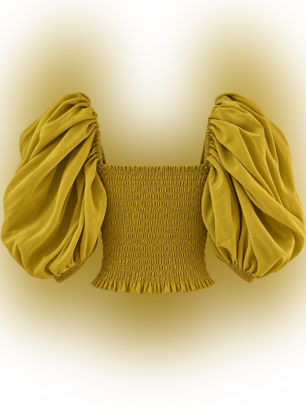 Zara Smocked Puff-Sleeve Crop Top in Mustard
